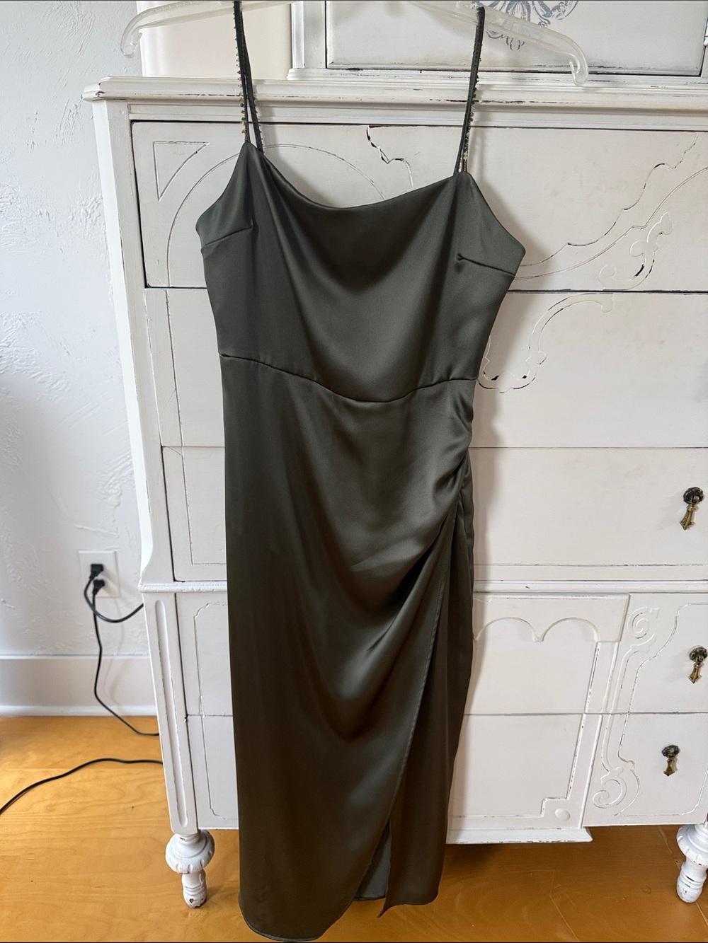 Zara Olive Satin Cowl Midi Dress
